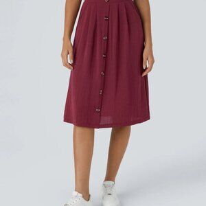 High Waisted Pocket A Line Midi Casual Linen-Feel Skirt